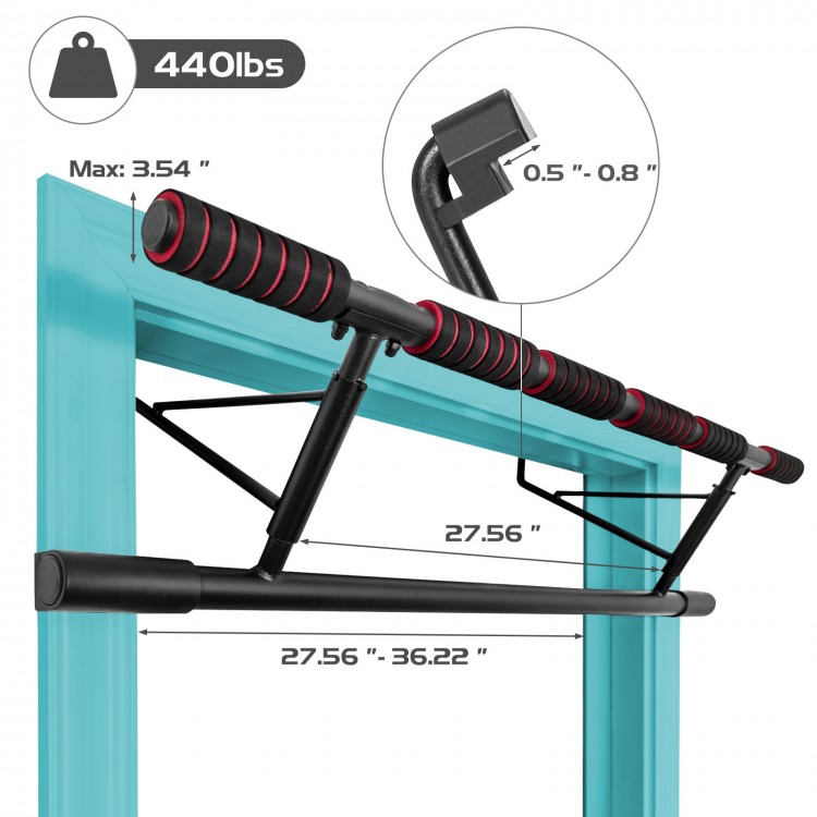 Foldable pull-up bar with foam grip, supports 440 lbs, designed for easy installation on most door frames.