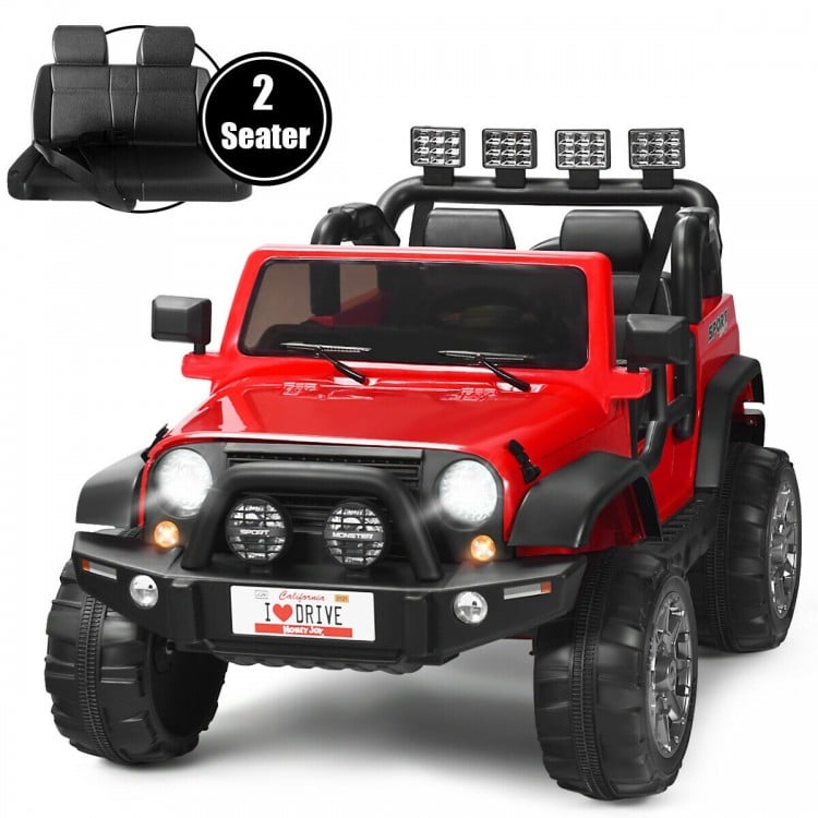 Red 12V 2-seater ride-on car with remote control, storage space, and LED lights for fun outdoor adventures.