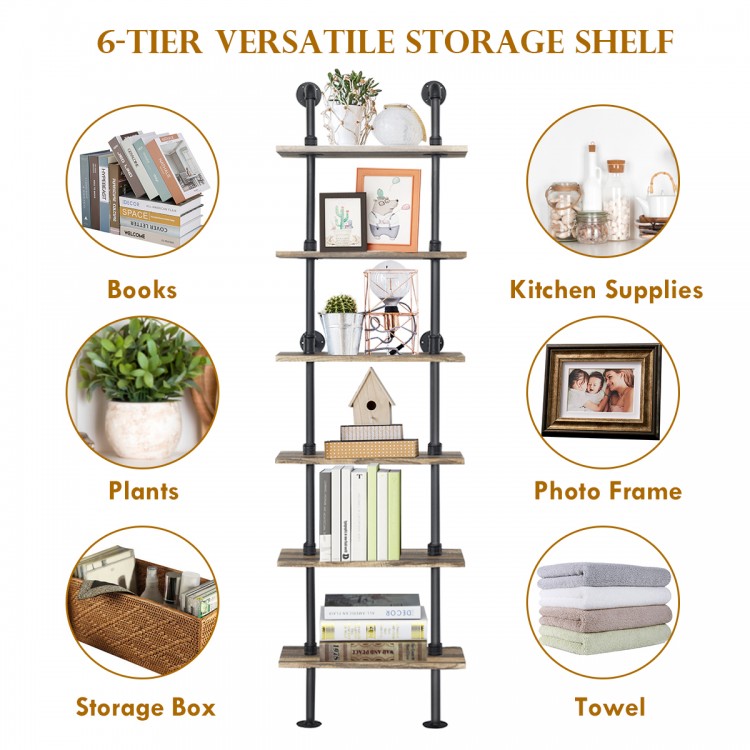 6-tier industrial wall mounted pipe shelf showcasing books, plants, and decor, ideal for versatile home organization.