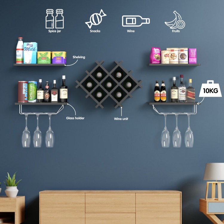 Wall-mounted wine rack set with shelves, featuring a unique diamond design, made of MDF and stainless steel for stylish.
