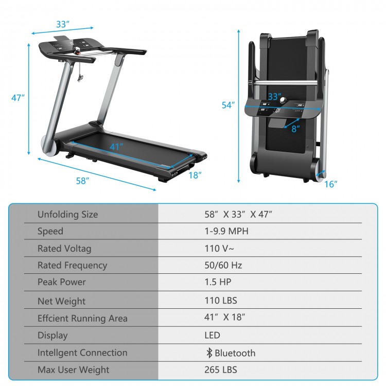 Folding treadmill with LED display, 1-9.9 MPH speed settings, and shockproof running belt for home workouts.