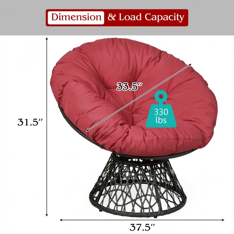 Dark red ergonomic Rattan Papasan chair with soft cushion, 360-degree swivel, and sturdy steel frame, suitable for.