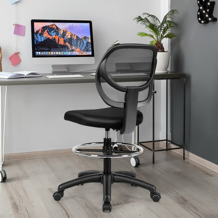 Adjustable height mid back mesh drafting office chair in side view, featuring a sleek design and adjustable footrest.