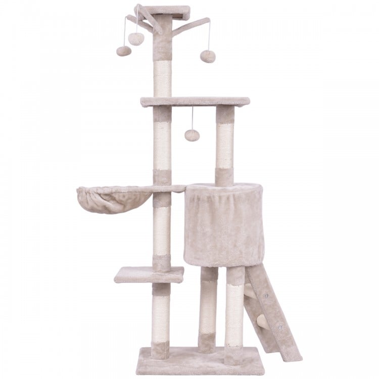 56-inch cat play tree with scratching posts, two platforms, and cozy hideaway for climbing and lounging.