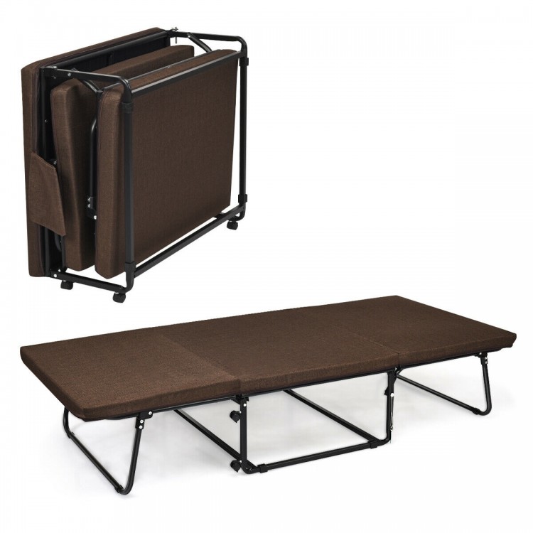 Folding guest sleeper bed in brown with 6 adjustable positions, sturdy steel frame, and removable linen cover for.