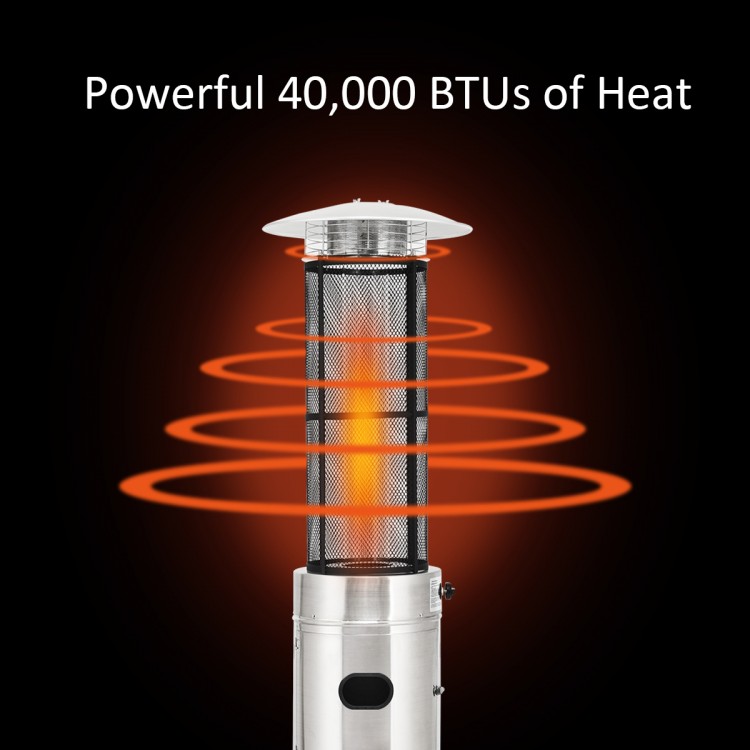 Stainless steel patio heater with glass tube, producing 40,000 BTUs of heat for outdoor warmth and ambiance.