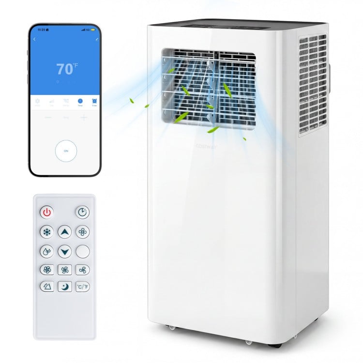 14000 BTU smart AC unit with Wi-Fi, remote control, and window kit for efficient cooling in larger rooms.