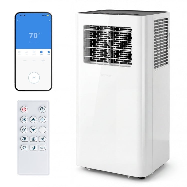 14000 BTU smart air conditioner in white with remote control, app control, and window kit for efficient cooling.