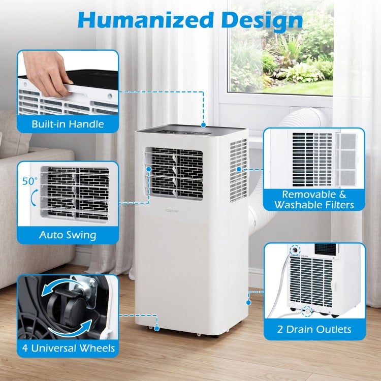 14000 BTU smart AC unit with Wi-Fi, remote control, and 4 wheels for easy mobility, designed for efficient cooling.