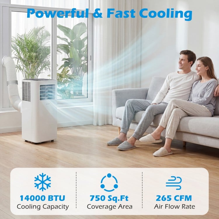 14000 BTU smart AC unit in white, featuring cooling, fan, and dry modes, ideal for larger rooms up to 750 sq. ft.
