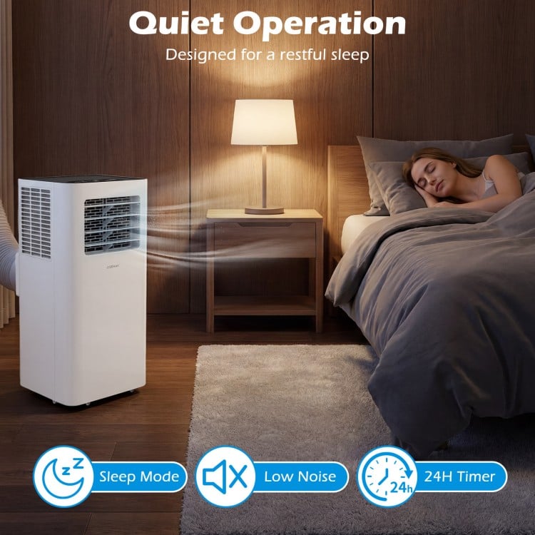 14000 BTU smart AC unit in a bedroom, featuring quiet operation and sleep mode for restful nights.