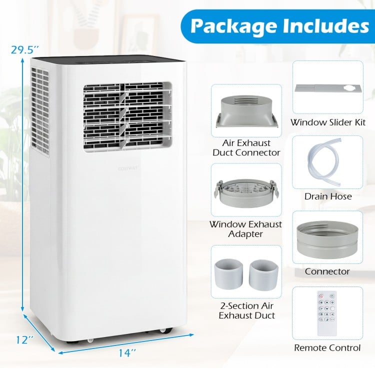 14000 BTU 3-in-1 Smart AC in white with remote control, window kit, and features for cooling, fan, and drying.
