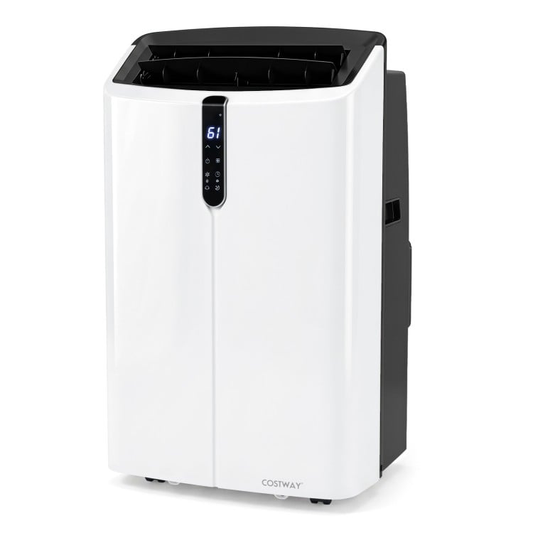 14000 BTU smart portable AC in white with touch panel, remote, and voice control for efficient cooling and dehumidifying.