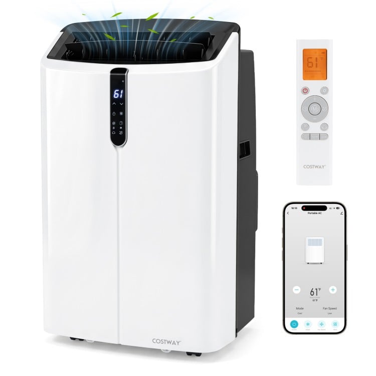 14000 BTU smart portable AC in white with remote control, featuring cooling, dehumidifying, and fan functions for versatile use.