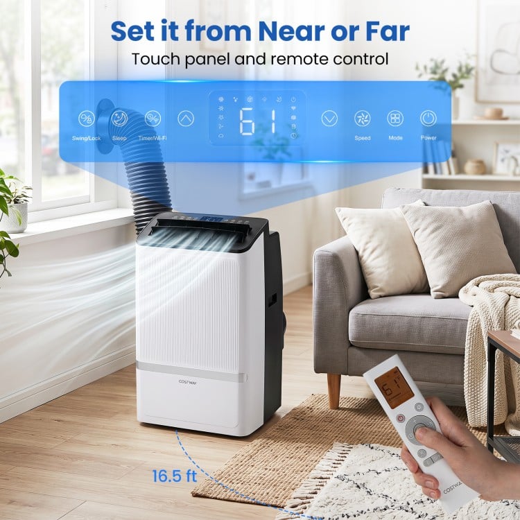 Portable 14000 BTU air conditioner with dehumidifier features WiFi control, 3 modes, and a 24H timer for year-round comfort.