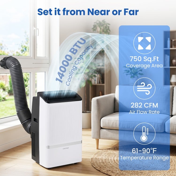 Portable 14000 BTU air conditioner with WiFi, 3-in-1 functionality, and 750 sq. ft. coverage for year-round comfort.