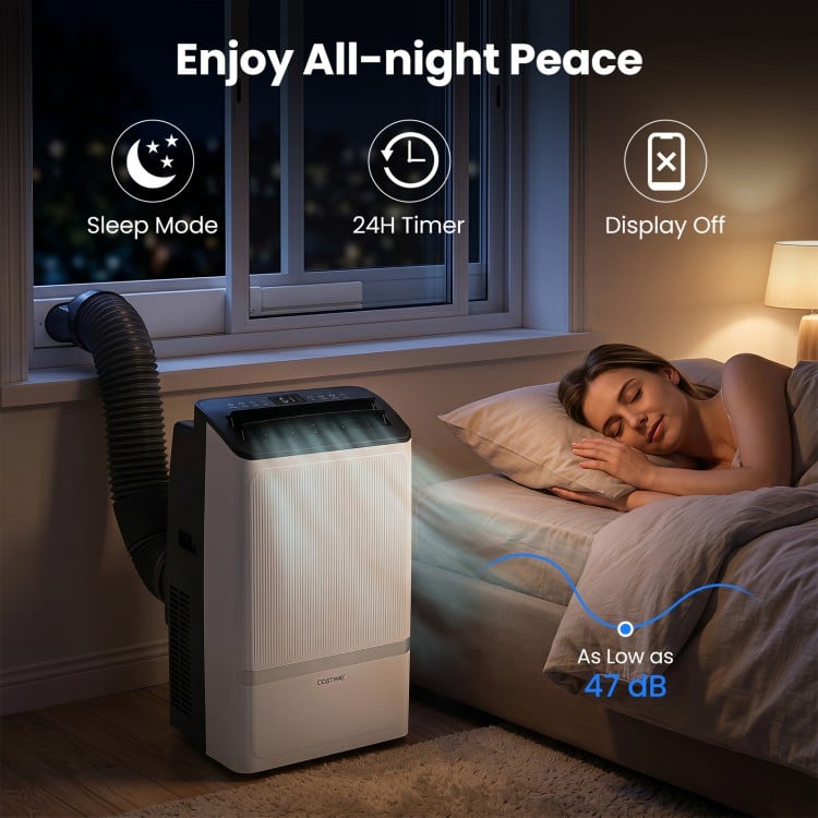 Portable air conditioner with WiFi, 14000 BTU, quiet 47 dB operation, and 24H timer for year-round comfort.