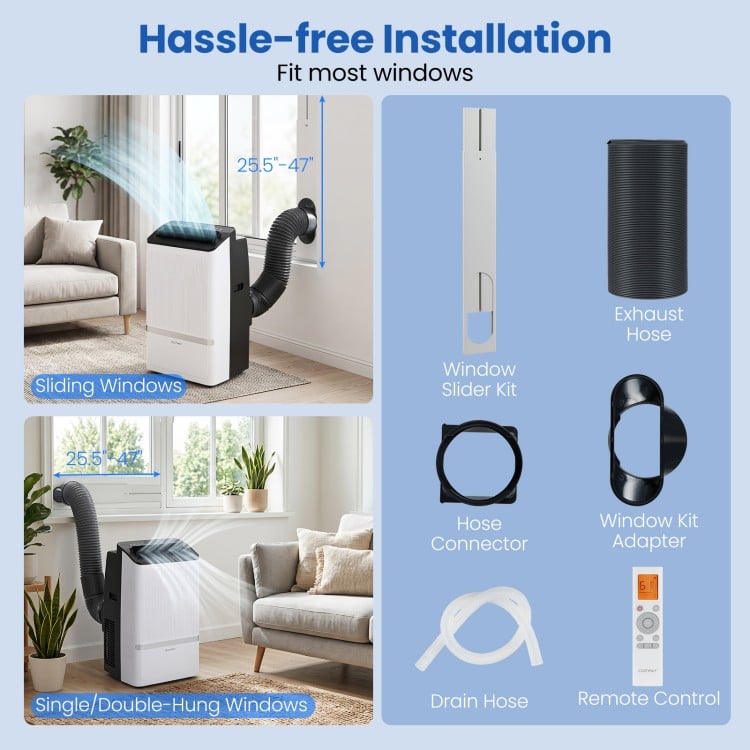 14000 BTU WiFi enabled portable air conditioner with exhaust hose, designed for easy installation in various window types.