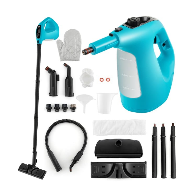 1400W handheld steam cleaner in blue with 14-piece accessory kit, ergonomic handle, and safety lock for versatile.