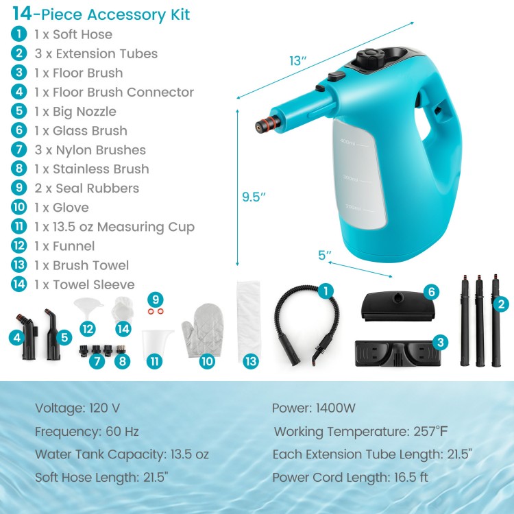 1400W handheld steam cleaner in blue with 14-piece accessory kit, featuring ergonomic handle and safety lock for easy.