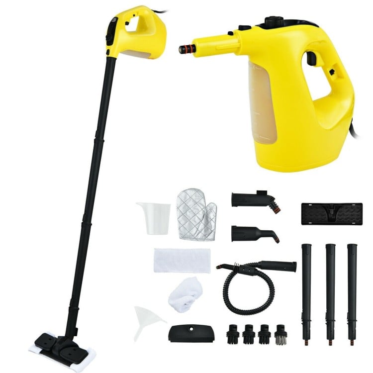 1400W handheld steam cleaner in yellow with 14-piece accessory kit, ideal for deep cleaning various surfaces safely.
