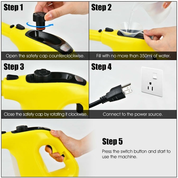 Step-by-step instructions for using the 1400W handheld steam cleaner with child lock and 14-piece accessory kit.