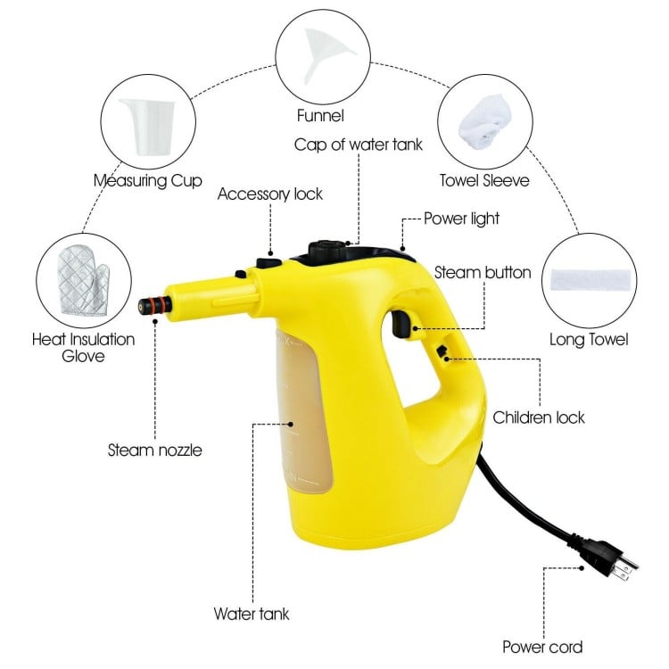Handheld steam cleaner in yellow with 14-piece accessory kit, featuring a transparent water tank and ergonomic handle.