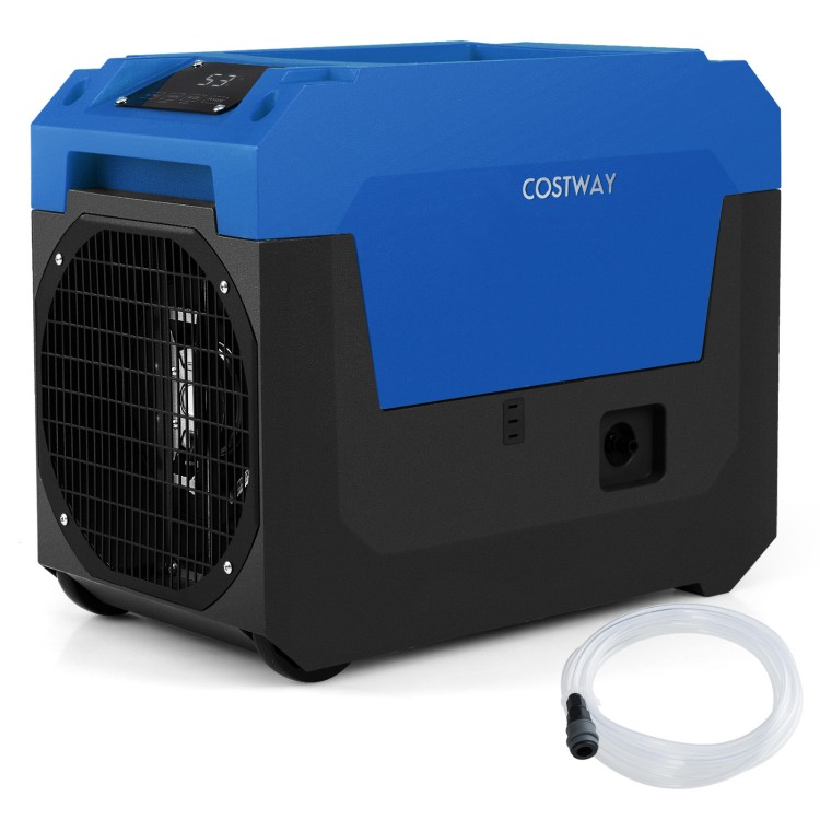 140 Pints commercial dehumidifier in blue showcasing side view with pump and convenient drainage options for large.
