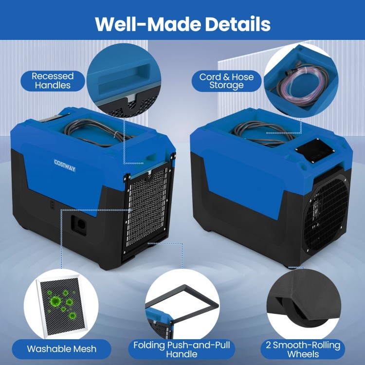 140 Pints commercial dehumidifier in blue with removable filter, wheels, and hose storage for easy mobility and use.