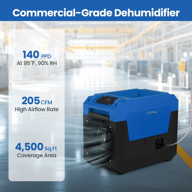 140 PPD commercial dehumidifier in blue with pump, 205 CFM airflow, and 4,500 sq. ft. coverage for large spaces.