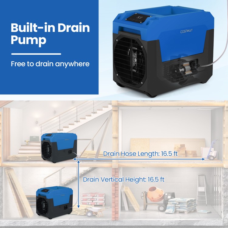 140 Pints commercial dehumidifier with built-in pump and 16.5 ft drain hose, ideal for large spaces and easy mobility.