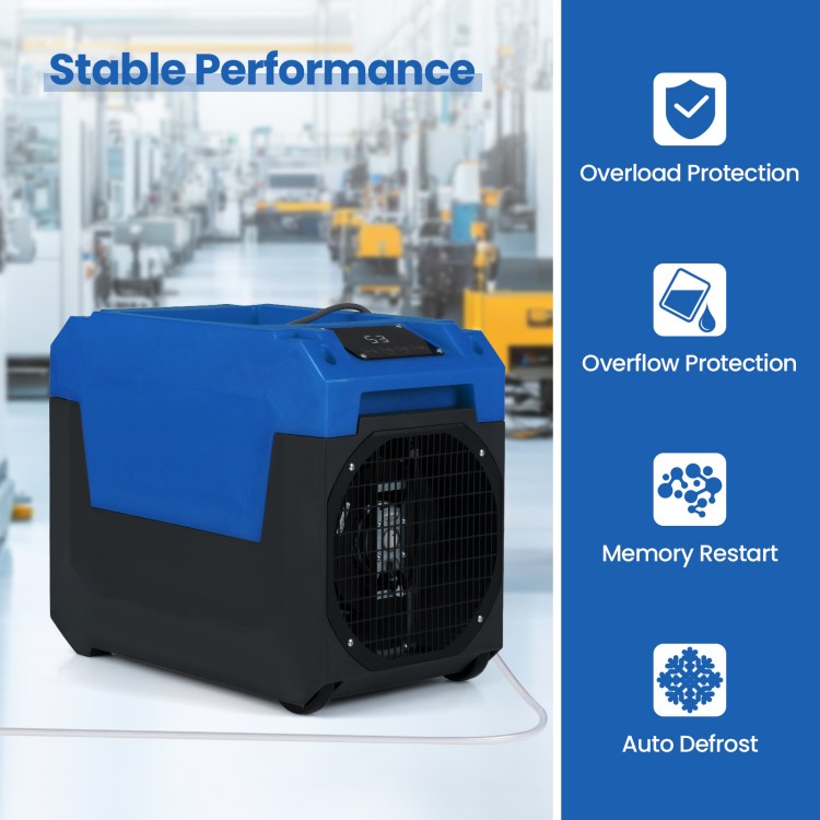 140 Pints commercial dehumidifier in blue with pump, featuring overflow protection and 24H timer for large spaces.