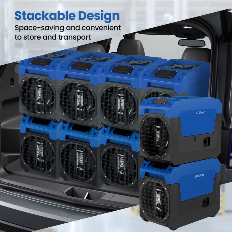 Stackable design of the 140 Pints Commercial Dehumidifier in blue, ideal for large spaces and easy transport.