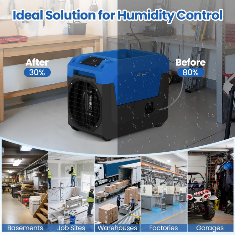140 Pints commercial dehumidifier in blue, featuring pump and drain hose, ideal for basements and large spaces.