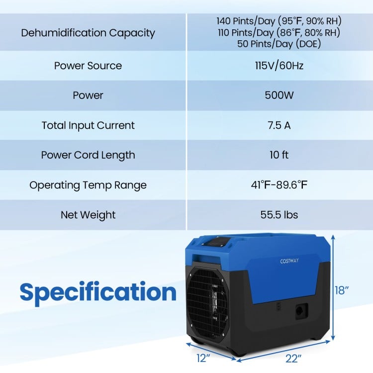 140 pints commercial dehumidifier in blue with pump, ideal for large spaces like basements and warehouses.