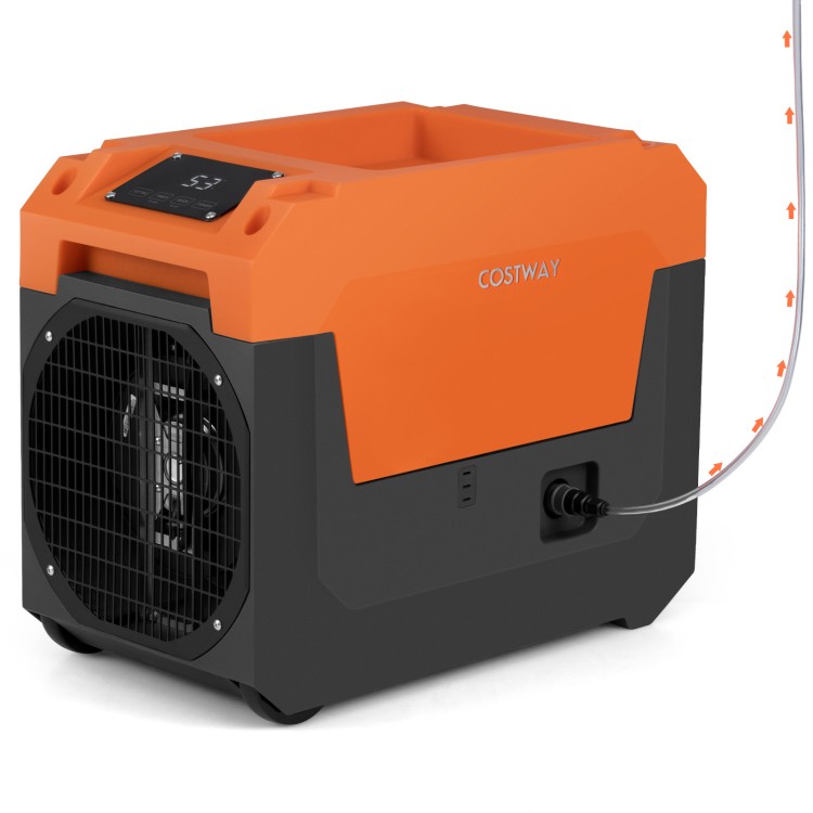 140 pints commercial dehumidifier in orange with pump and drain hose, ideal for large spaces like basements and.