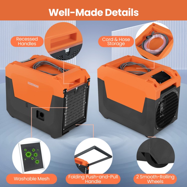 140 pints commercial dehumidifier in orange with pump, hose storage, and smooth-rolling wheels for easy mobility.
