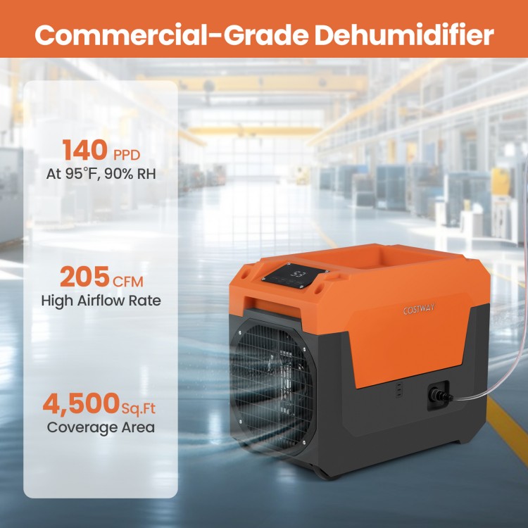 140 Pints commercial dehumidifier in orange, featuring a 205 CFM airflow rate for large spaces and easy mobility.