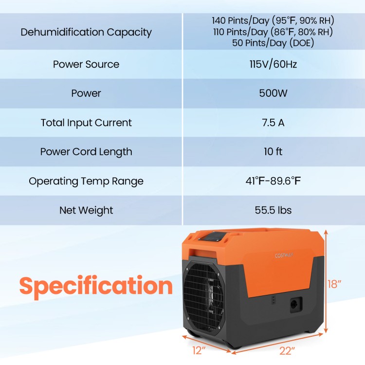 140 Pints commercial dehumidifier in orange, featuring a pump, drain hose, and ideal for large spaces like basements.