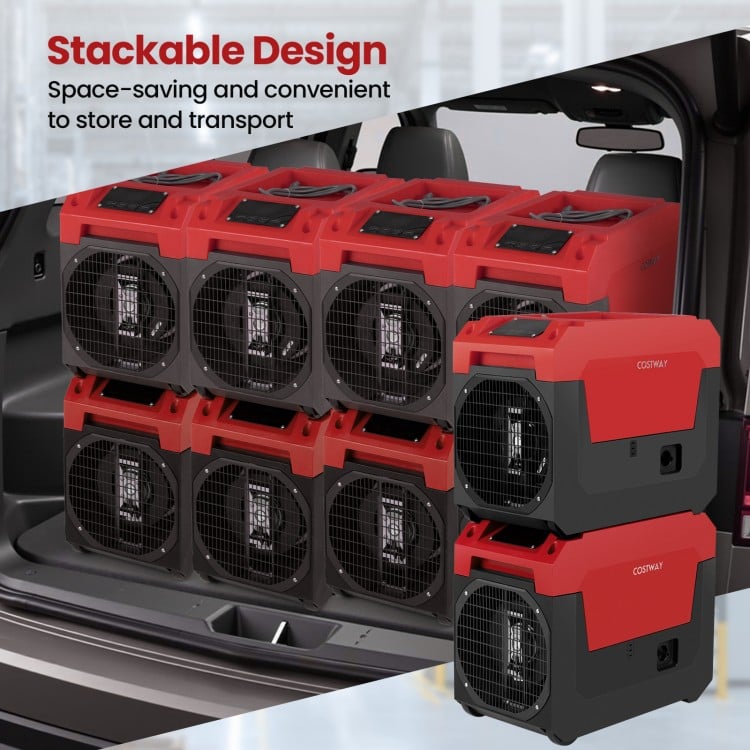 Stackable design of the 140 Pints Commercial Dehumidifier in red, ideal for easy storage and transport.