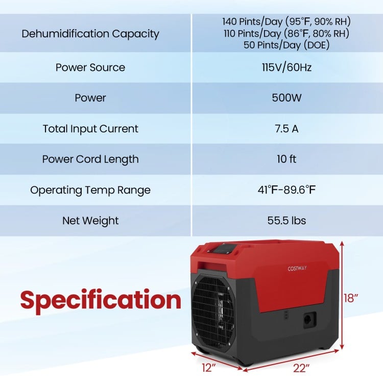 140 Pints commercial dehumidifier in red, featuring a control panel, wheels, and a 16.5 ft drain hose for easy mobility.