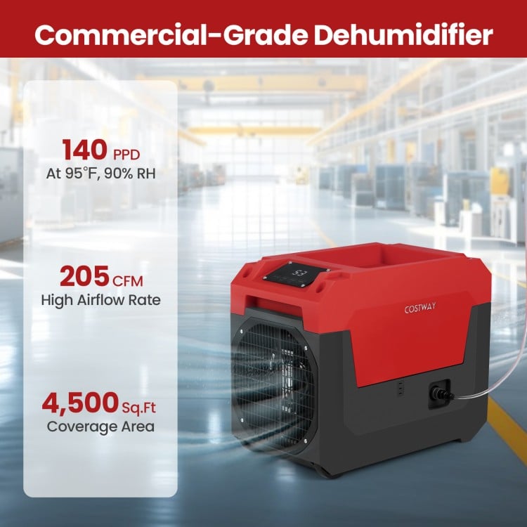 140 Pints commercial dehumidifier in red, featuring high airflow rate and 4,500 sq. ft. coverage for large spaces.