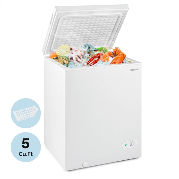 Compact 5 Cu.Ft chest freezer with adjustable temperature, removable basket, and top stay-open door for easy access.