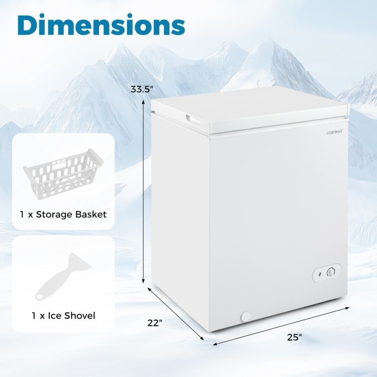 Compact chest freezer with adjustable temperature, removable storage basket, and sleek white design for easy access.