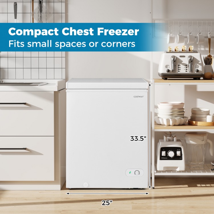 Compact chest freezer in white, 141 L capacity, with adjustable temperature and removable storage basket for easy.