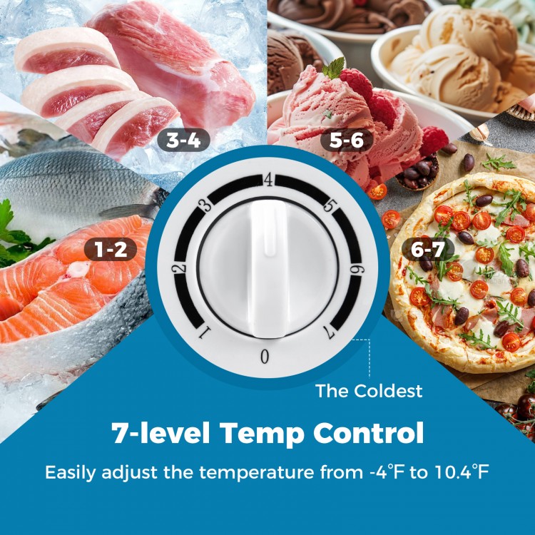 Compact chest freezer with 7-level temperature control, adjustable from -4℉ to 10.4℉, ideal for kitchens or dorms.