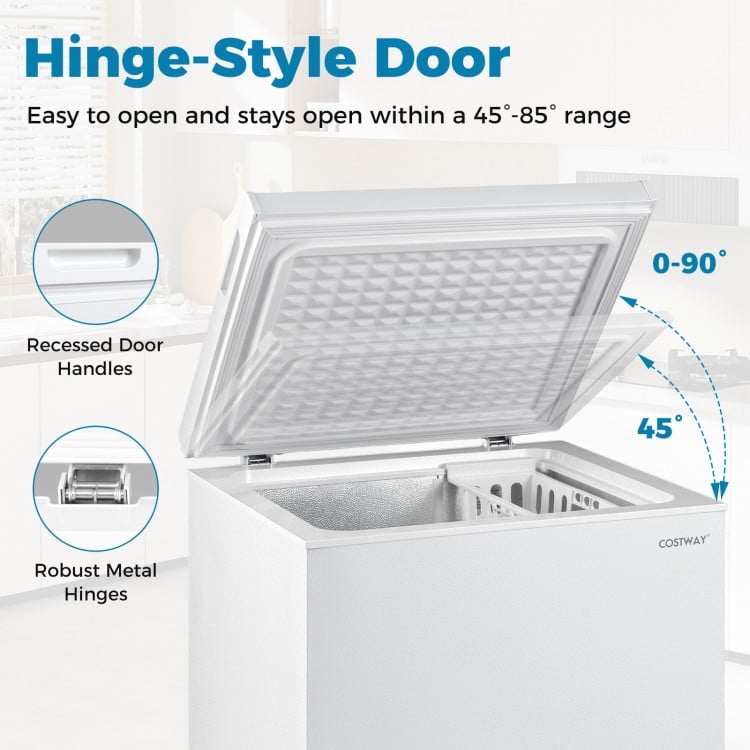 Hinge-style door of the 141 L compact chest freezer, featuring recessed handles and robust metal hinges for easy access.