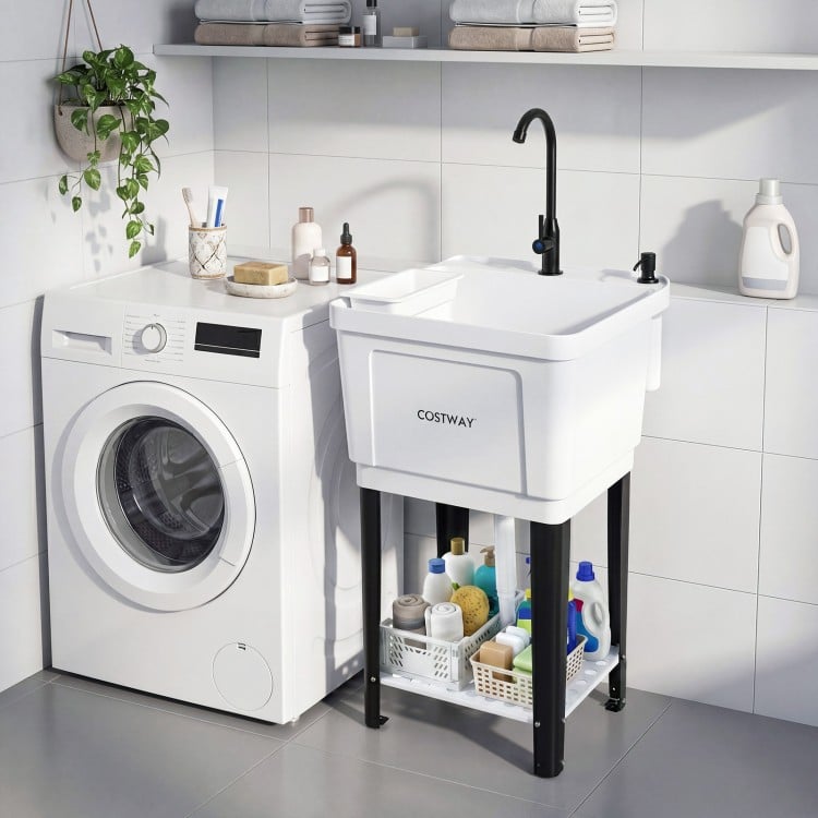 Freestanding 14.5 Gal utility sink with rotating faucet and adjustable legs, ideal for laundry and cleanup tasks.
