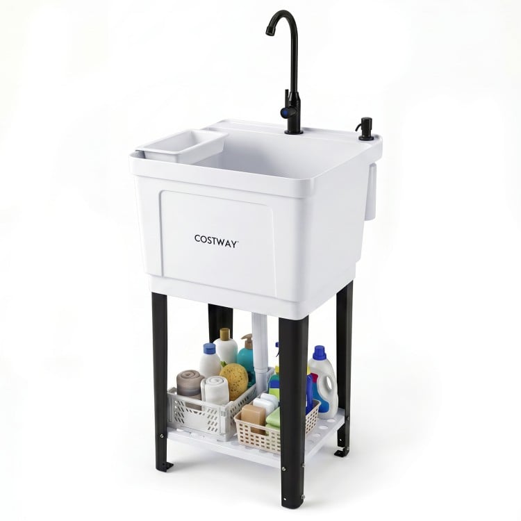 Freestanding 14.5 Gal utility sink with rotating faucet, adjustable legs, and bottom storage for laundry and gardening.