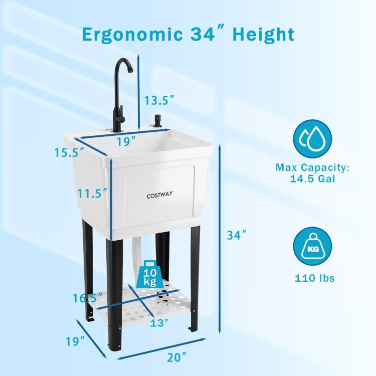 Utility sink with 14.5 Gal capacity, rotating faucet, and adjustable legs for laundry and gardening tasks.